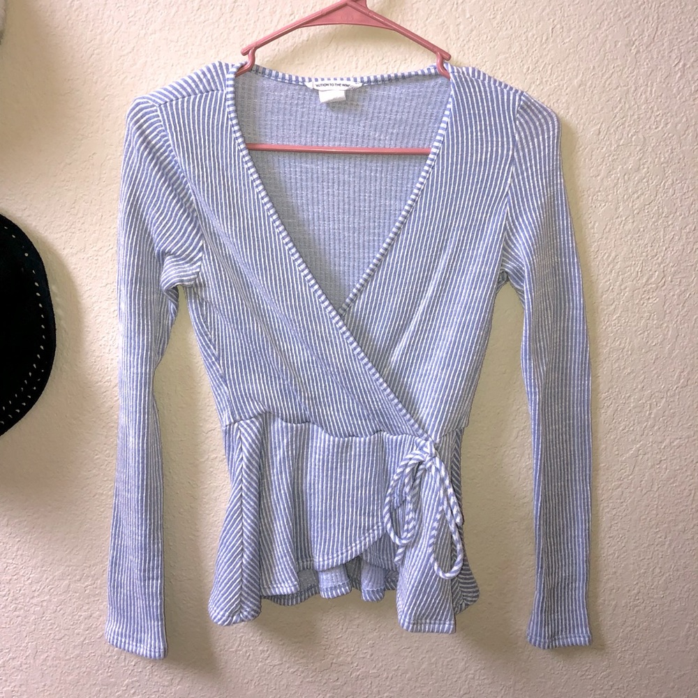 Blue white pinstripe knit blouse